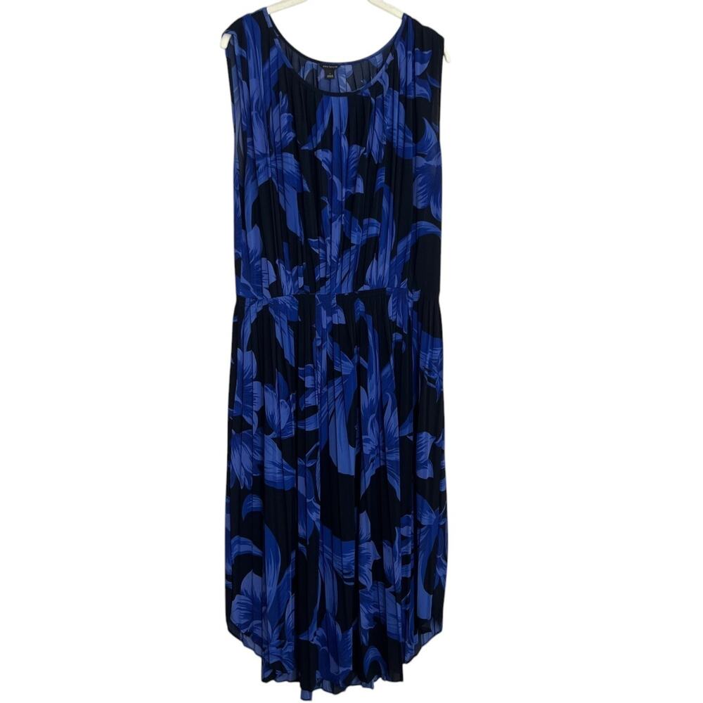 Ann Taylor Pleated Chiffon Midi Dress Large Floral Print Sleeveless Blue Black